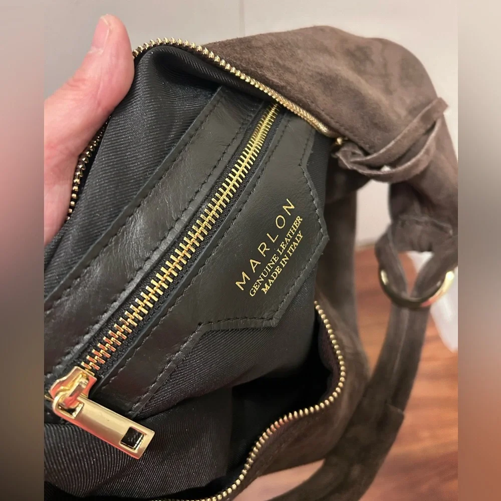 Marlon Made In Italy Dark Brown Suede Hobo Bag- Genuine Leather - Picture 14 of 16